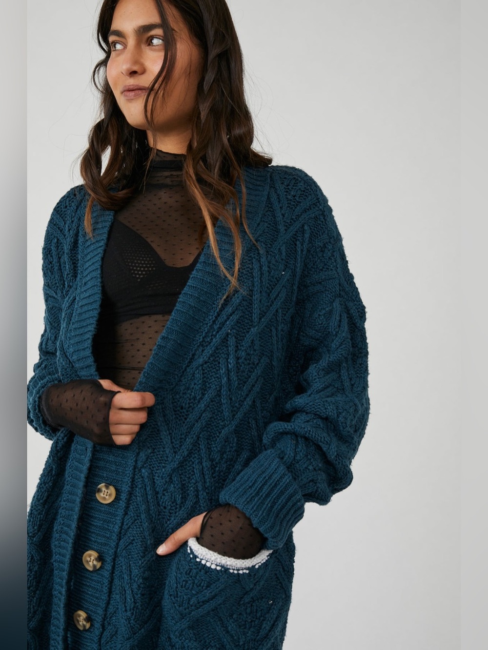 Free People Montana Cable Cardi Cardigan Sweater Chunky Knit Buttons Blue